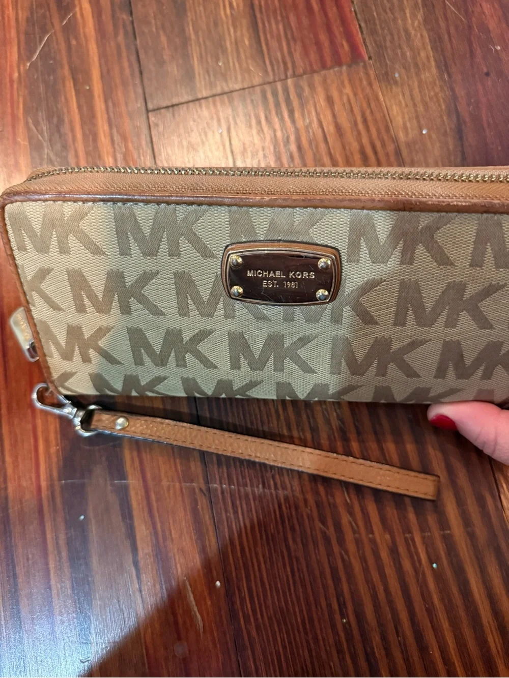 Michael Kors Tan Beige MK Logo Wristlet Wallet with Gold Plate